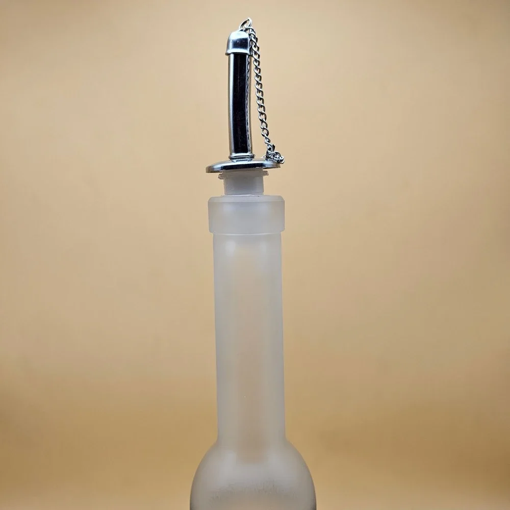 Frosted Glass Bottle w/ Stainless‎ Steel Pour Spout and Chain Stopper Decorative
